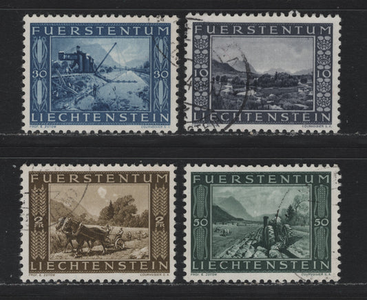 Lot 381 Liechtenstein (C) SC# 10rp - 2fr Violet Black - Olive Brown , 1943 Reclamation of Canal Land Issue, 4 Very Fine Used Singles, Probable Favor Cancelled, The 10rp Appears To be Genuinely Postally Used