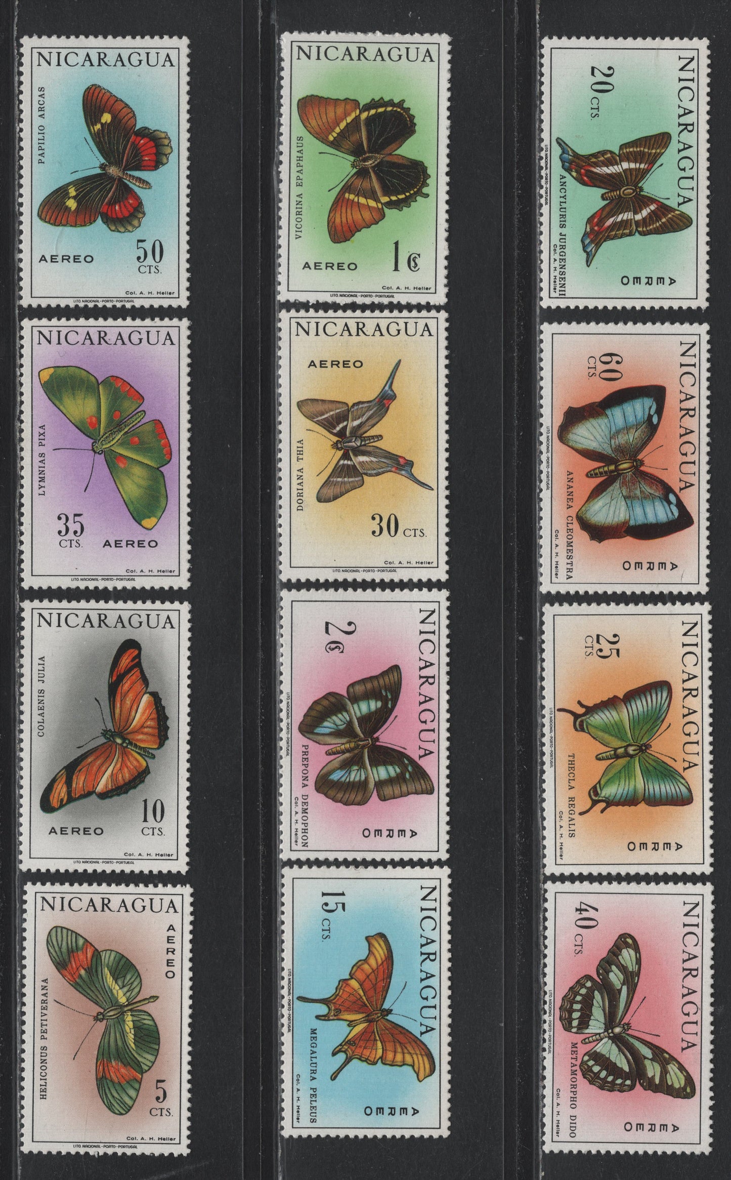 Lot 385 Nicaragua (C) SC#C606-C617 5c - 2cor Multicolored , 1967 Butterflies Airmail Issue, 12 F/VFOG Singles