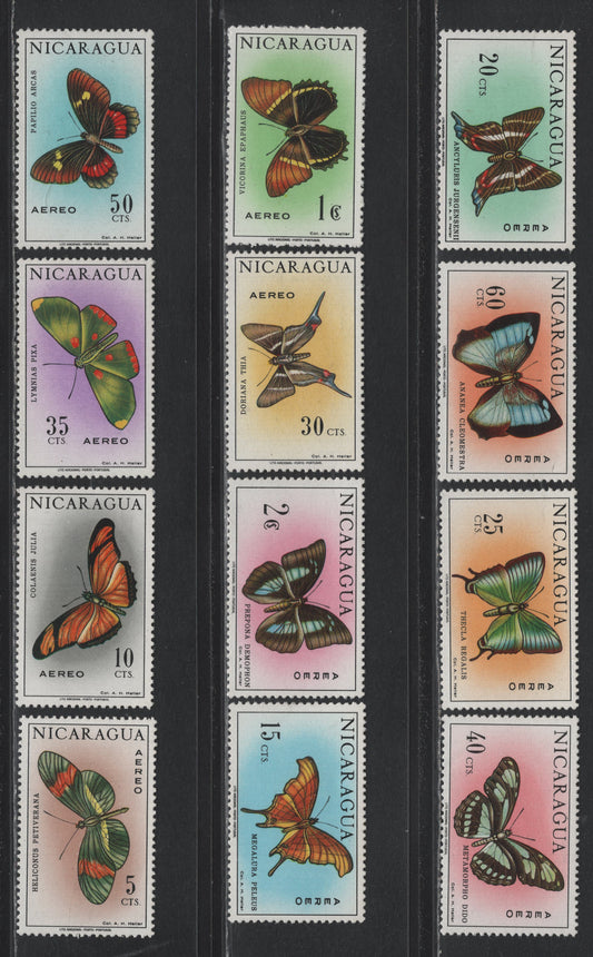 Lot 385 Nicaragua (C) SC#C606-C617 5c - 2cor Multicolored , 1967 Butterflies Airmail Issue, 12 F/VFOG Singles