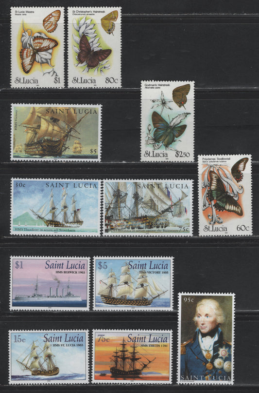 Lot 391 Saint Lucia (C)  SC#981-984, 1151-1154, 1206-1209 60c - $5 Multicolored , 1991-2005 Butterflies - Bicentenary Of Battle of Trafalger Issues, 12 VFNH Singles