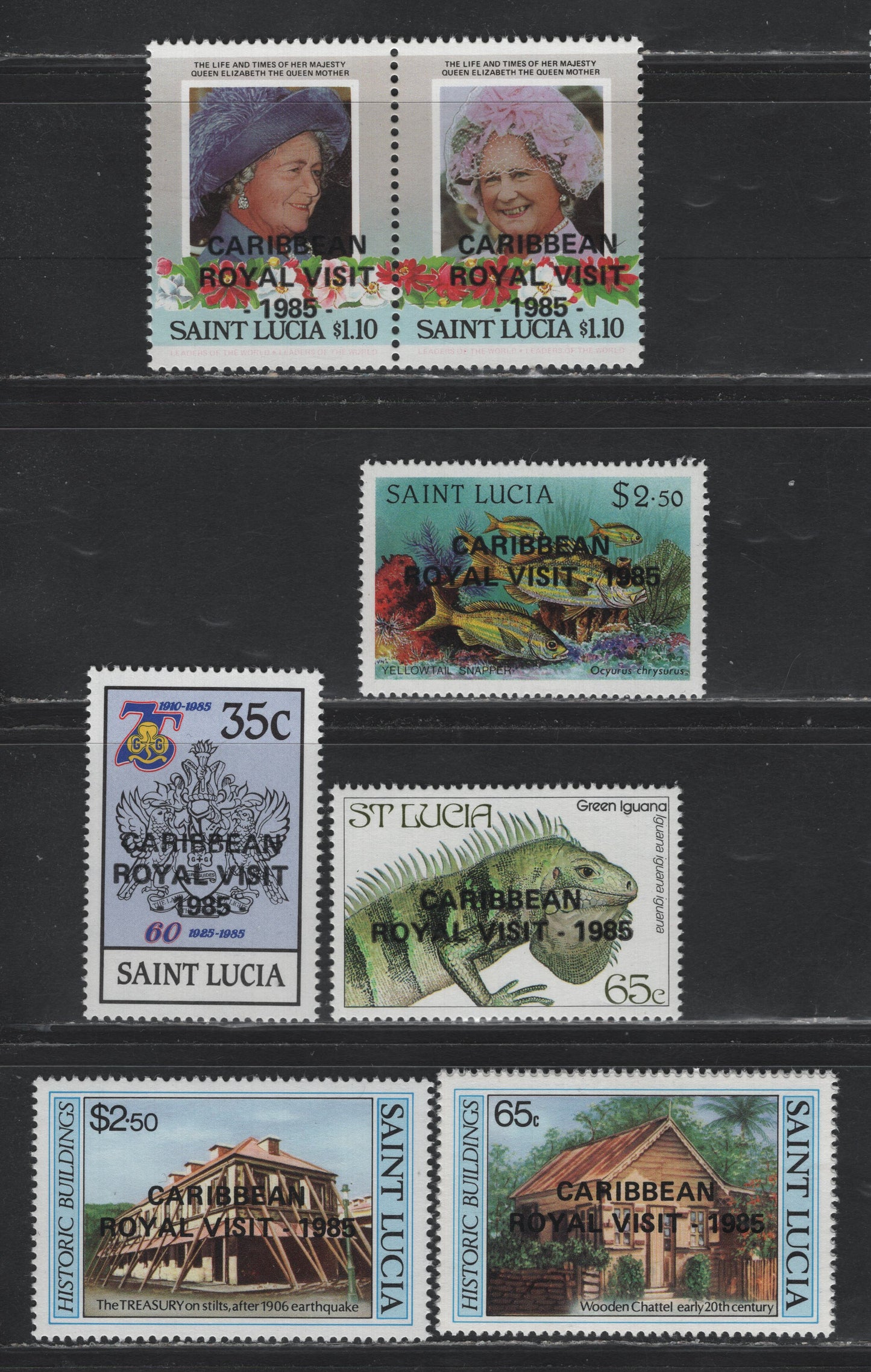 Lot 392 Saint Lucia (C)  SC#796-802 35c - $2.5 Multicolored , 1985 Carribean Royal Visit Overprinted Issue, 6 VFNH Singles & Pair