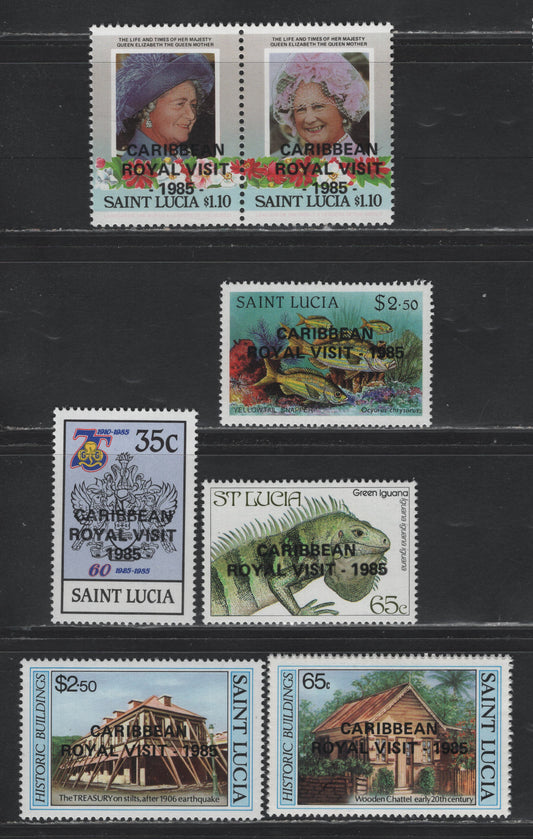 Lot 392 Saint Lucia (C)  SC#796-802 35c - $2.5 Multicolored , 1985 Carribean Royal Visit Overprinted Issue, 6 VFNH Singles & Pair