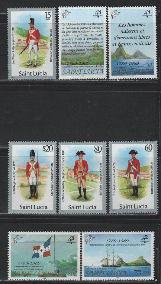 Lot 393 Saint Lucia (C)  SC#876a-879a, 942-945 Multicolored , 1988 Uniforms Definitives - Philex France Issue, 8 VFNH Singles, 1988 & 1989 Imprints