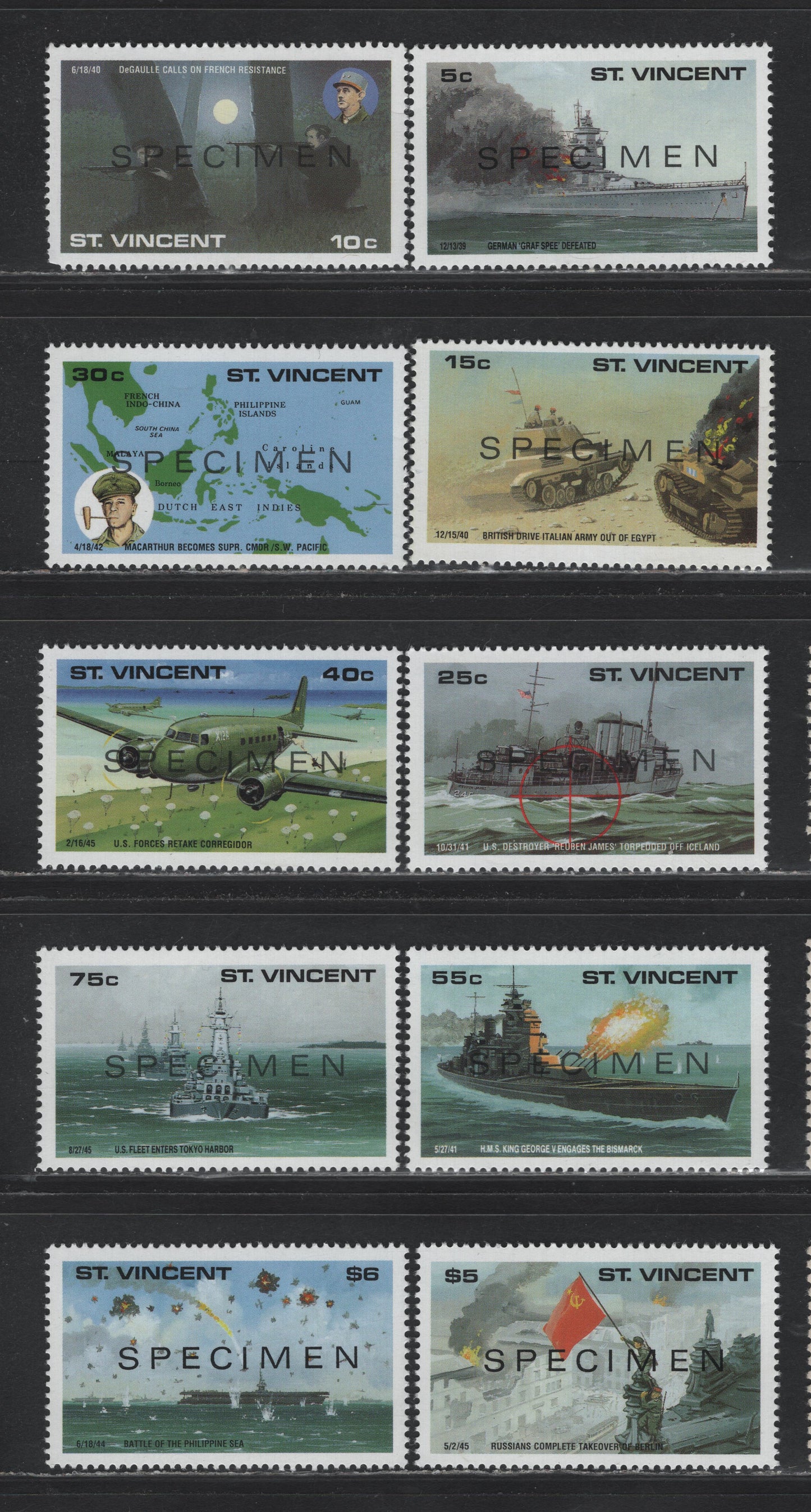 Lot 394 St Vincent (C)  SC#1308s-1317s 5c - $6 Multicolored , 1990 Historic Events Issue, 10 VFNH Singles, With Specimen Overprints