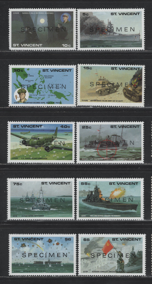 Lot 394 St Vincent (C)  SC#1308s-1317s 5c - $6 Multicolored , 1990 Historic Events Issue, 10 VFNH Singles, With Specimen Overprints
