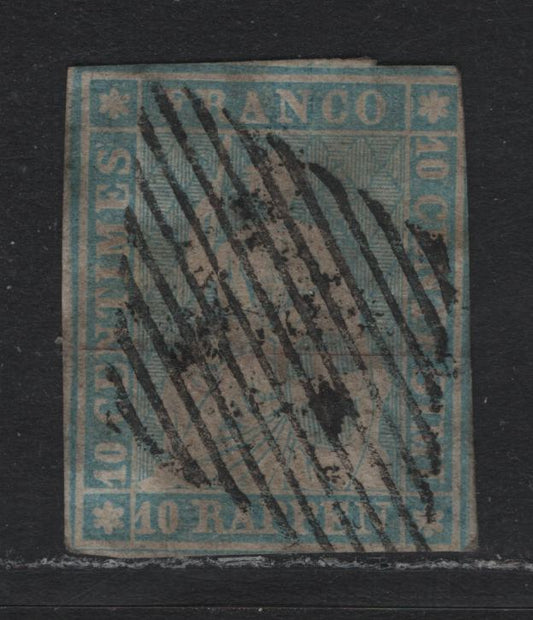Lot 399 Switzerland (C) SC#26 15r Milky Blue , 1855-1857 Struebel Issue, A Very Good Used Single, Red Silk Thread, 1 Full Margin At left, Clear To Touching At Top, Clear To In on Other Two Sides, Medium Thick Paper With Medium Impression.