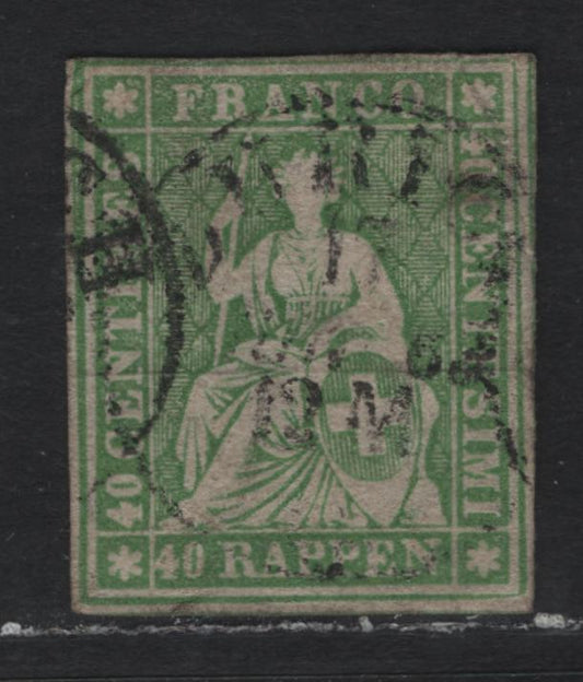 Lot 400 Switzerland (C) SC#40 40r Green , 1858-1862 Struebel Issue, A Very Good Used Single, Thick Paper, Green Silk Thread, Large Margins On 3 Sides, Portions of Adjoining Stamps On 2 Sides.