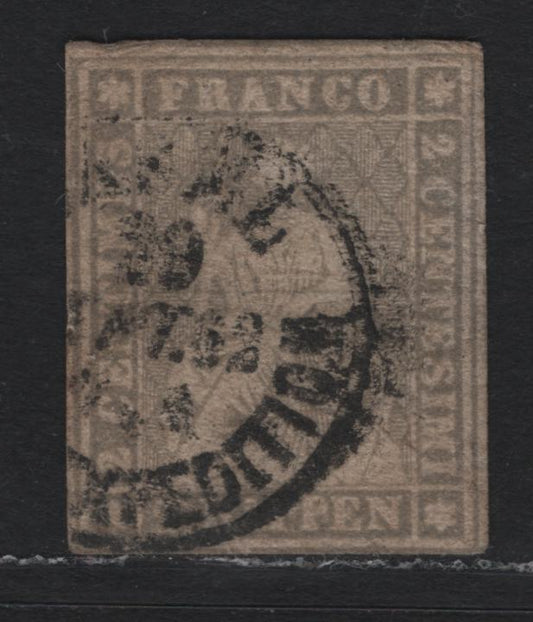 Lot 401 Switzerland (C) SC#35 2r Gray , 1858-1862 Struebel Issue, A Very Good Used Single, 2 Large Margins Showing Portion of Adjoining Stamp At Top, Clear To Touching At Left & Just Touching At Bottom, Shallow Thin Along Right Side On Back.