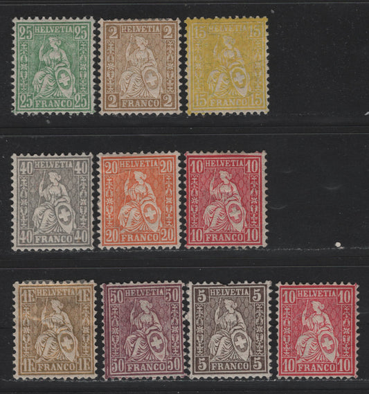 Lot 403 Switzerland (C) SC#60-68 2c - 1fr Bistre - Gold , 1881 Standing Helvetia Issue, 10 F/VFOG Singles, Granite Paper, Includes Extra 10c, 5c Has A Pulled Perf So Not Counted, 50c Has No Gum.