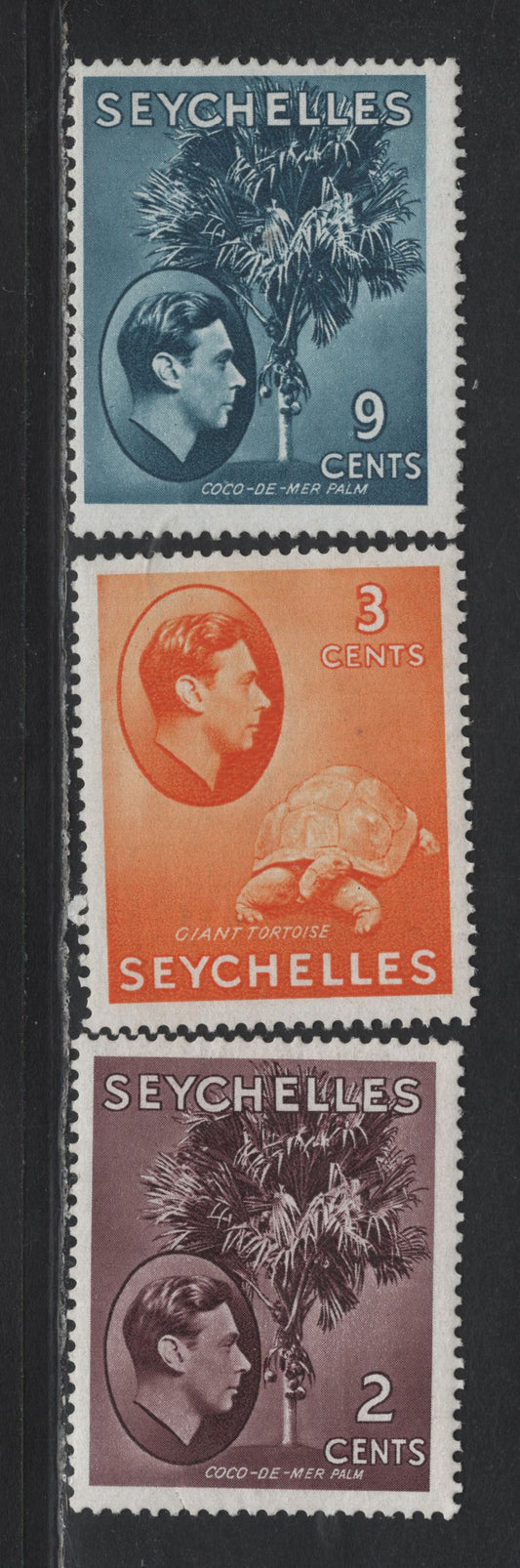 Lot 405 Seychelles (C) Gibbons#1383a, 136a, 135 2c - 9c Purple Brown - Gray Blue , 1938-1949 KGVI Pictorial Issue, 3 F/VFOG Singles, Chalky Paper Printings