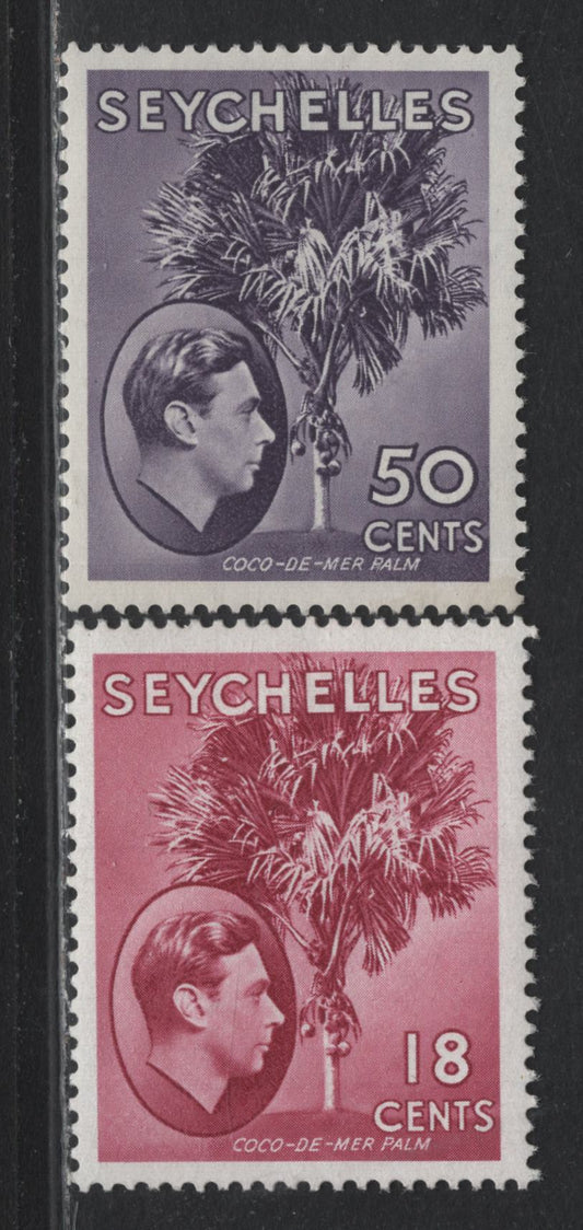 Lot 406 Seychelles (C) Gibbons#139c, 144 18c - 50c Carmine Lake - Deep Reddish Violet , 1938-1949 KGVI Pictorial Issue, 2 VFOG Singles, Chalky Paper Printings