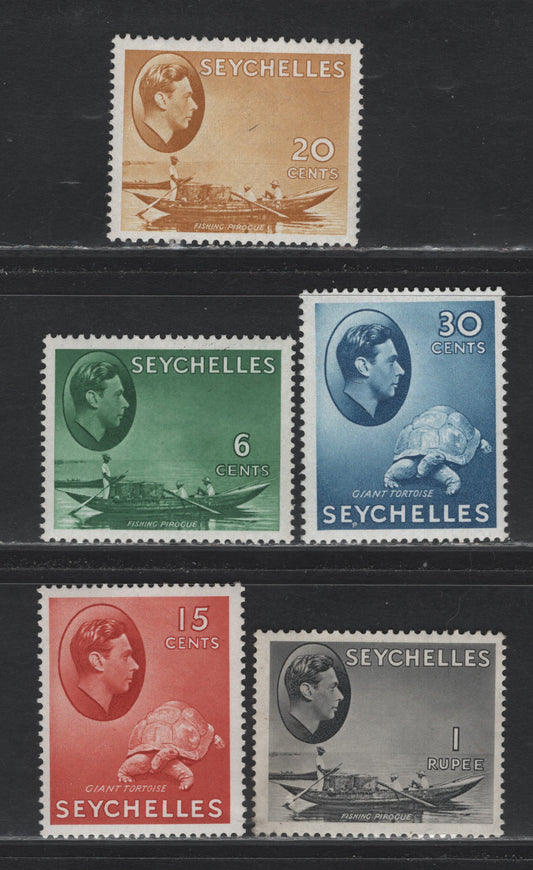 Lot 408 Seychelles (C) Gibbons#137b, 139ab, 140b, 142ab, 146a 6c - 1r Green - Gray Black , 1942 Substitute Paper Printings, 5 F/VFOG Singles, Chalky Paper 1r (Disturbed Gum)