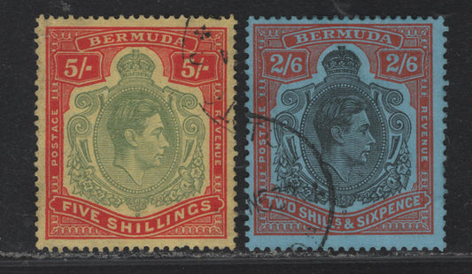Lot 410 Bermuda (C)  Gibbons#117c, 118e 2/6 - 5/- Black & Orange Red - Green & Red , 1938-1953 High Value Keyplates Issue, 2 Fine Used Singles, 2/6 Is Perf 13.25, 5/- Is Perf 14, Ordinary Paper, Small Tear In UL Corner Of 5/-.