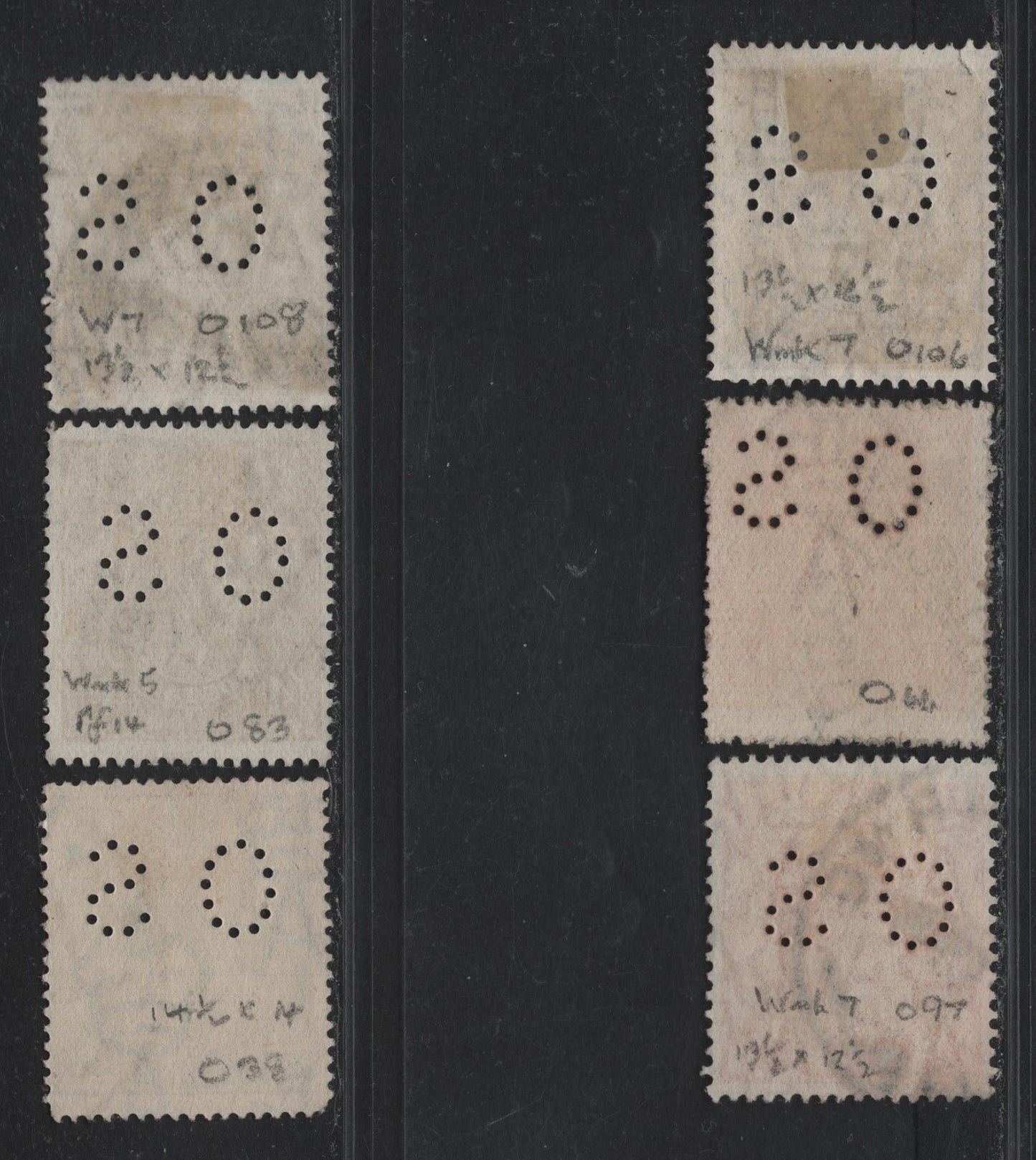Lot 413 Australia (C)  Gibbons#O61, O66, O83, O97, O106b, O108 1/2d - 4d Green - Yellow Olive , 1918-1930 KGV Heads Issue, 6 Fine/Very Fine Used Singles
