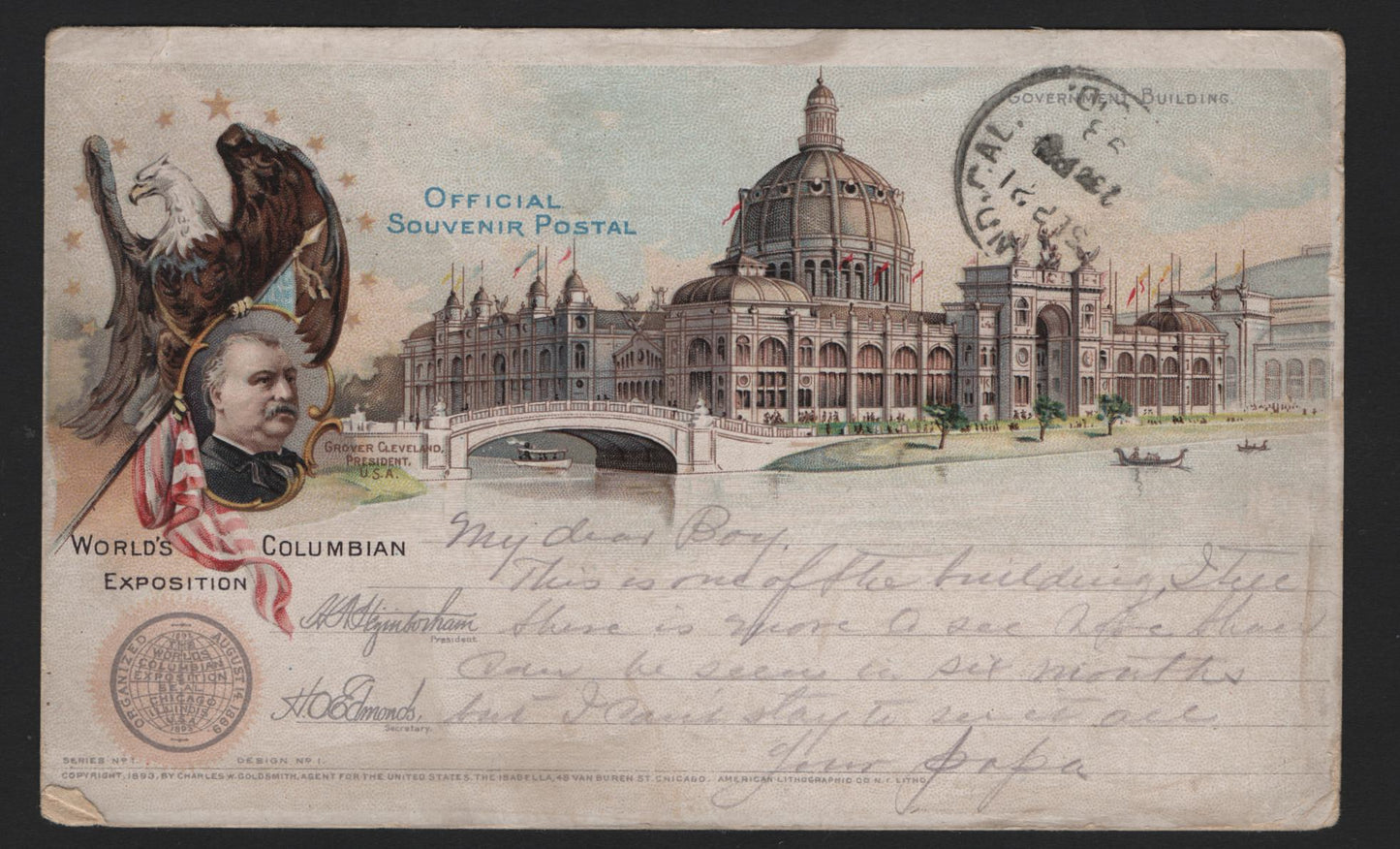 Lot 301 United States of America, Fine Used 1893 Columbian Exposition Postcard, Sent From Chicago to Oakland CA