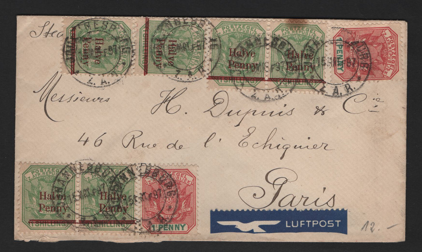 Lot 304 Fine 5d 1897 5d Cover Sent From Johannesburg to Paris Franked With 1/2d on 1/- Green Surcharge & 1d Green & Carmine Arms Issue