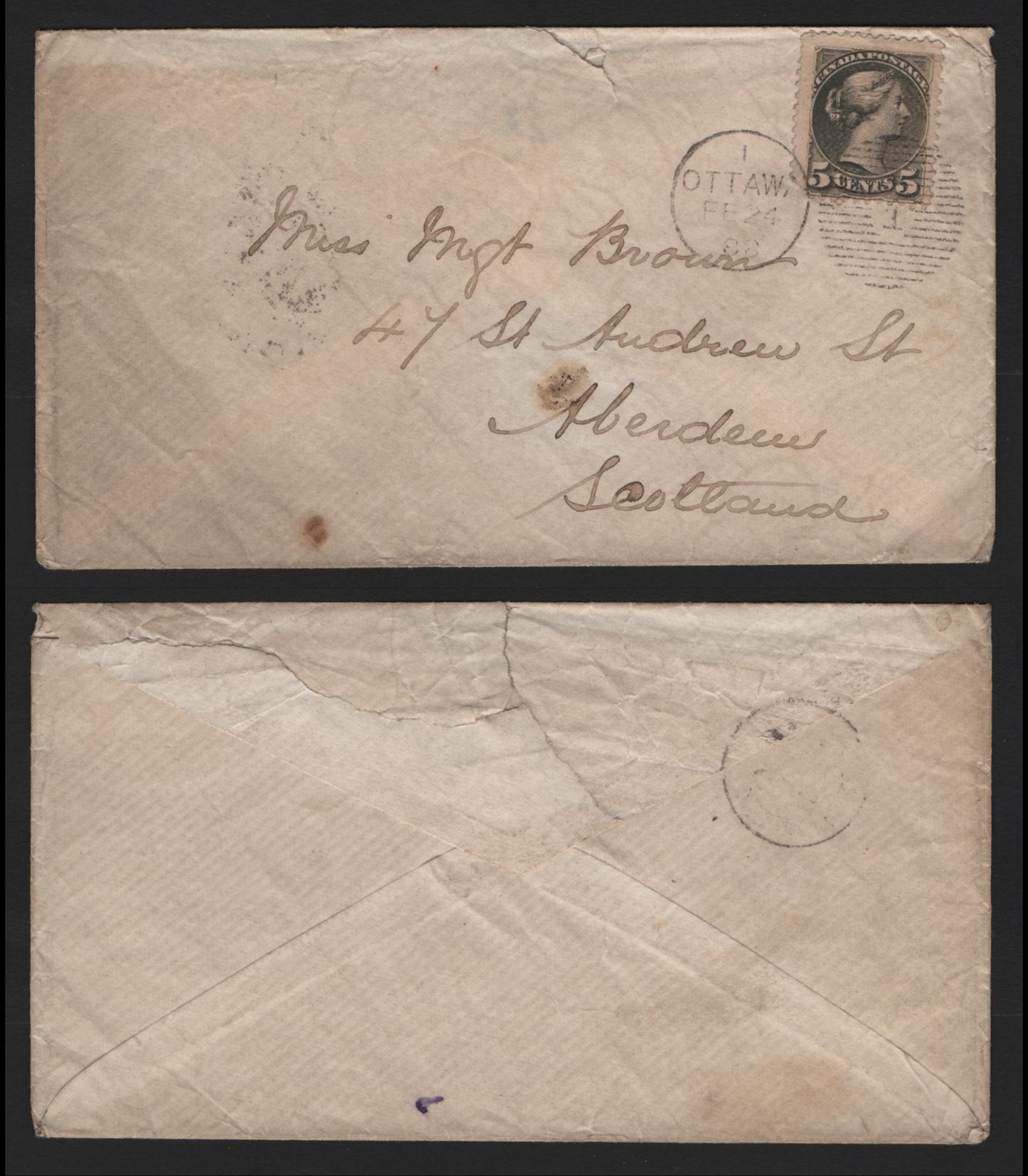 Lot 305 Canada #38 5c Deep Slate Green, VG 1888 Cover To Scotland Franked With Late Montreal Printing, Cancelled With Ottawa #1 Duplex Cancel