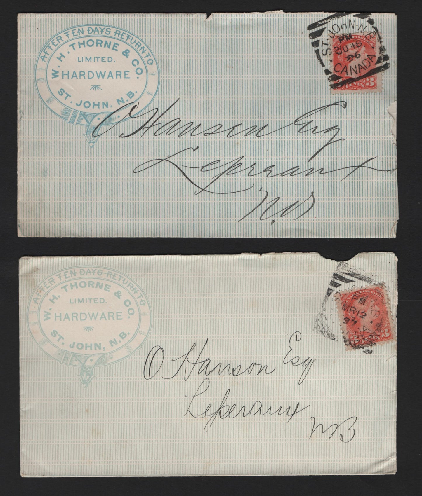 Lot 306 Canada #41 3c Vermilion Two Different 1896 & 1897 W.H. Thorne Advertising Covers, St. John, NB Squared Circle Cancels