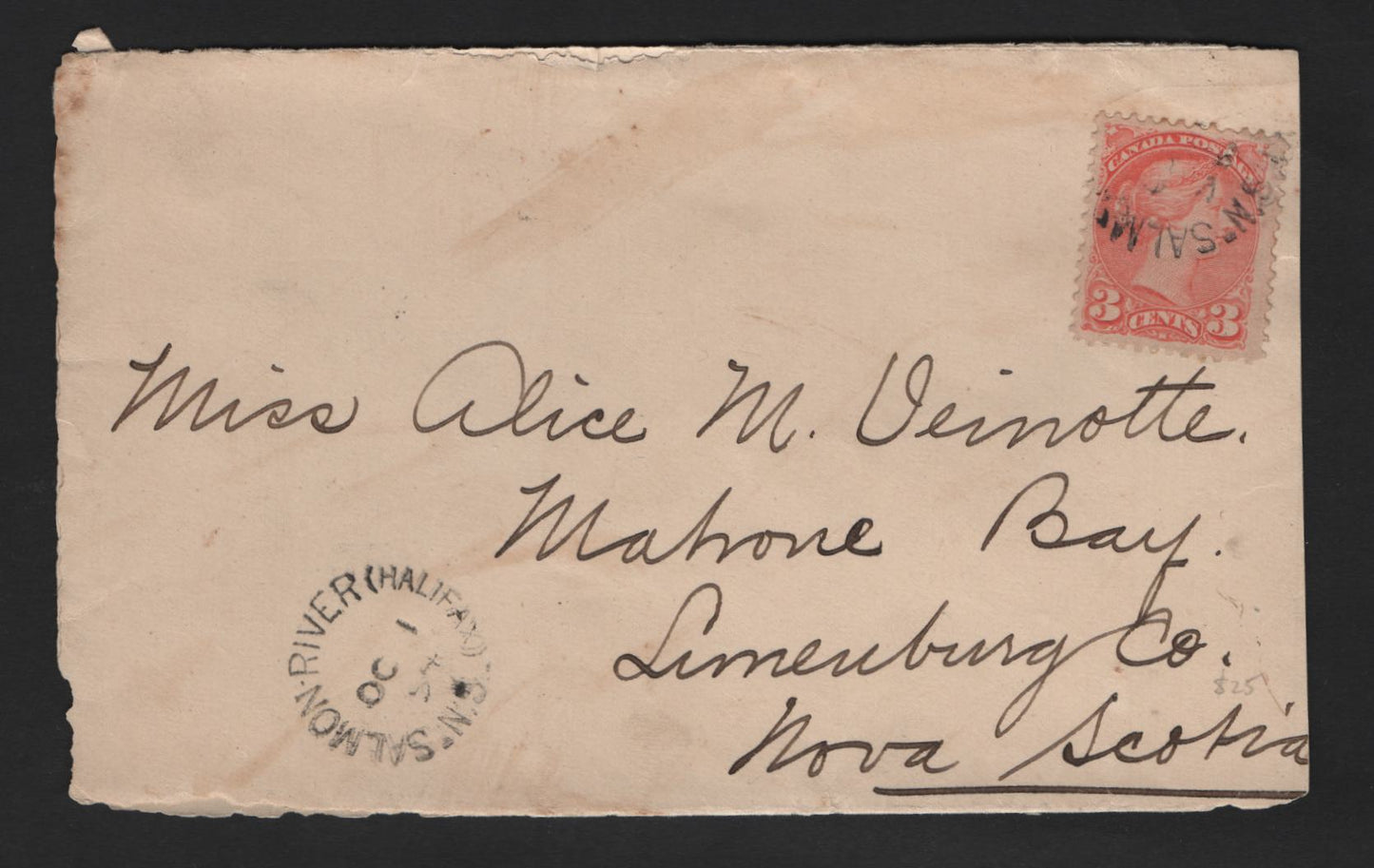 Lot 307 3c Pale Vermilion Used On 1894 Cover From Salmon River, NS to Mahone Bay, NS