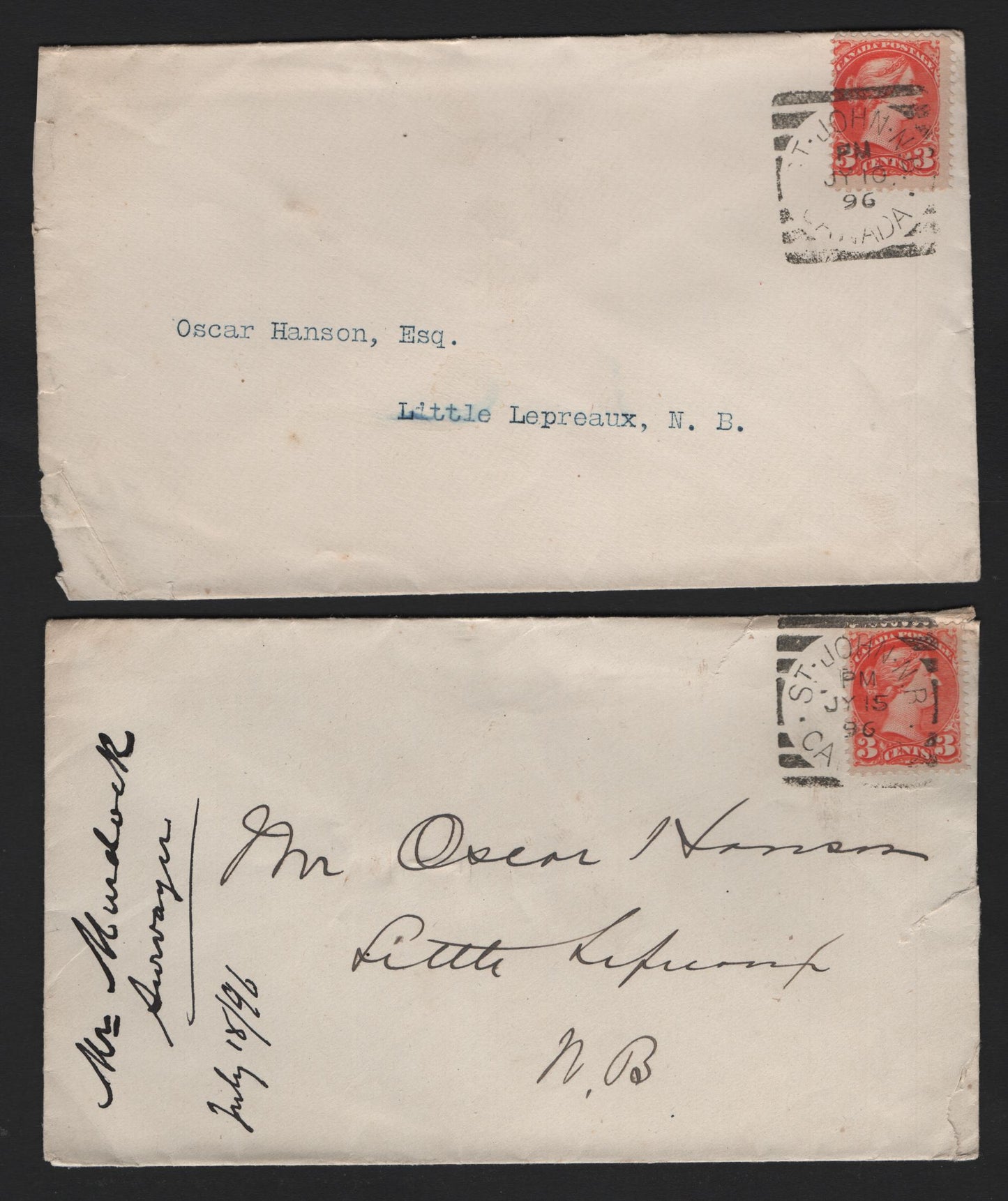 Lot 310 3c Vermilion Two Different Shades Used on July 1896 Covers From Saint John to Little Lepreaux, NB