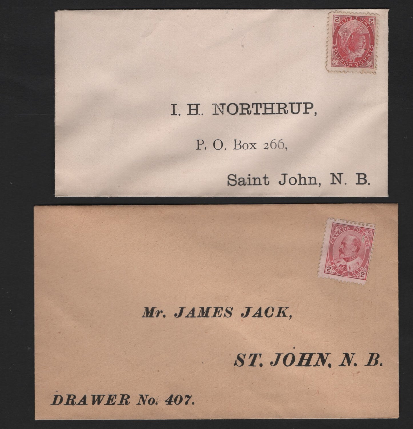 Lot 312 #77, 90i 2c Carmine & Rose Carmine Numeral & Edward VII Issues Affixed To Unused Business Reply Envelopes
