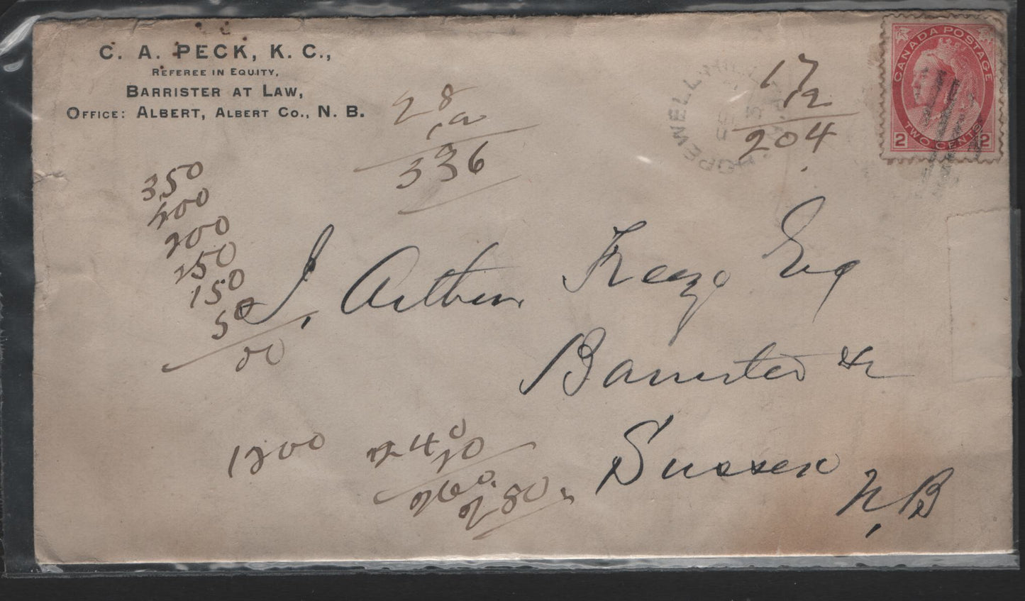 Lot 313 #77a 2c Carmine Numeral Issue On 1903 Cover From Lawyer in Hopewell Hill, NB to Sussex, NB