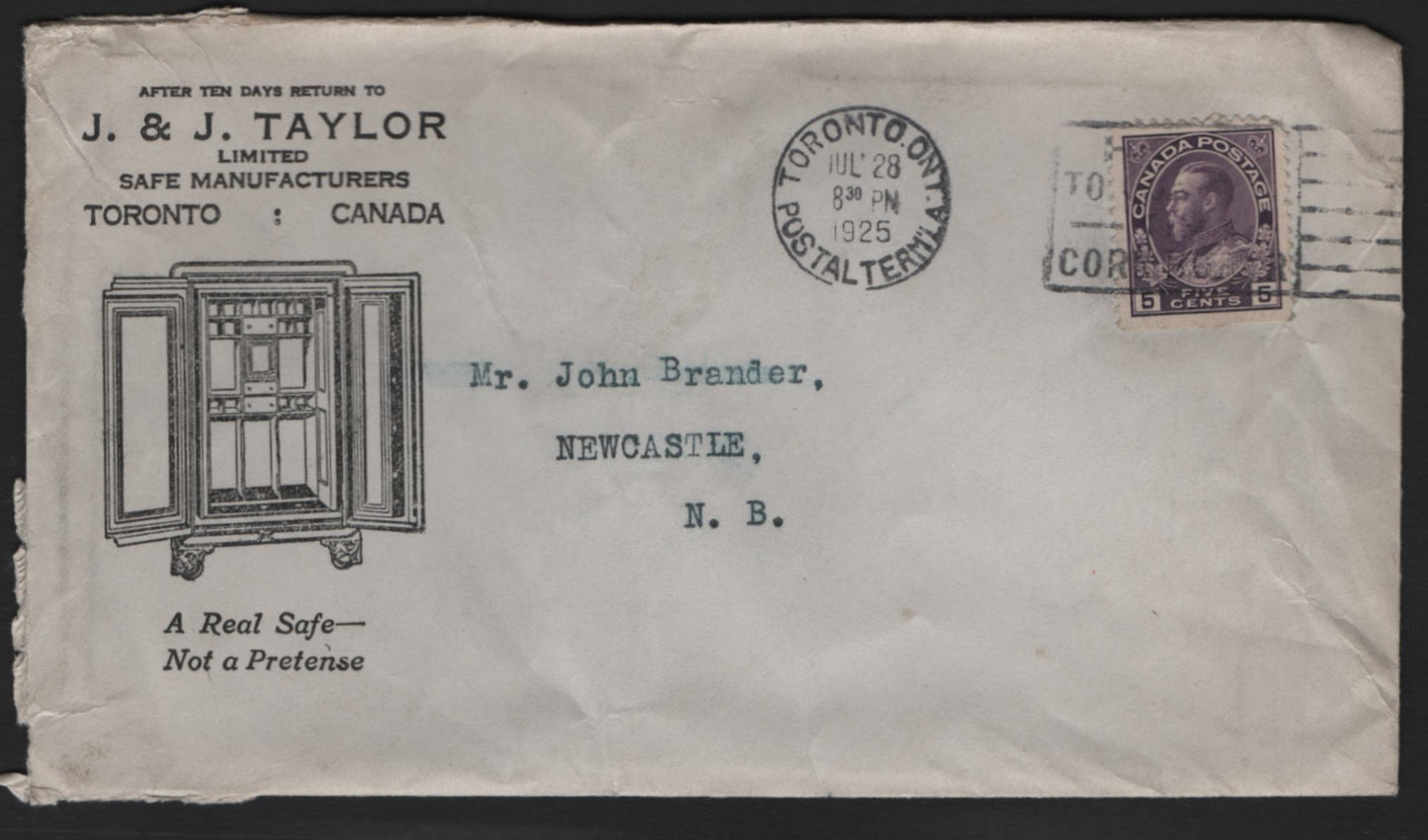 Lot 314 Canada #112c 5c Rosy Lilac Dry Printing Admiral Issue on 1925 Advertising Corner Card Cover For J & J Taylor Safes