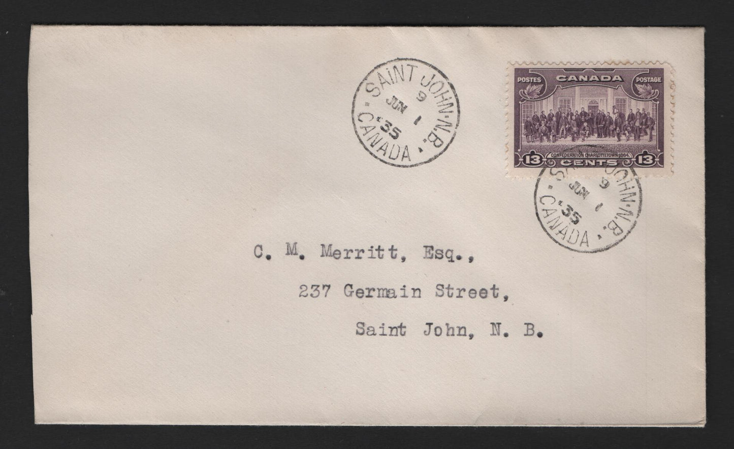 Lot 316 Canada #224 13c Deep Rose Lilac Charlottetown Conference, 1935-1937 Dated Die Issue, Single Tied To Plain First Day Cover