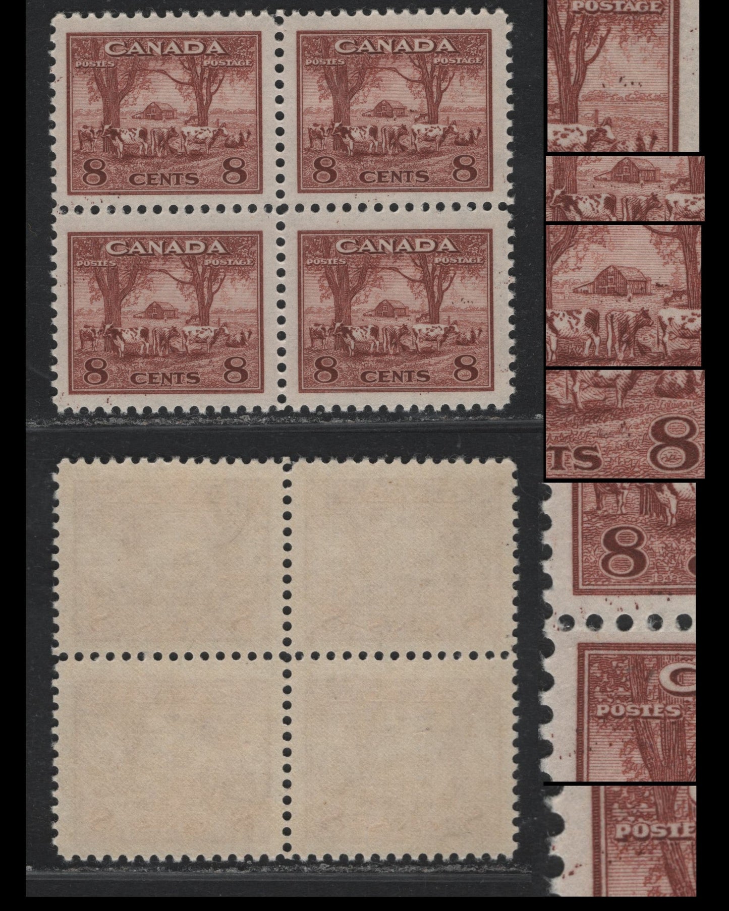 Lot 405 Canada #256 8c Deep Lake Red Farm Scene, 1942 King George VI War Issue, A VFNH Block Of 4 On CBN-N Paper, Perf 11.9x12 With All Stamps Showing Stray Ink Spatter