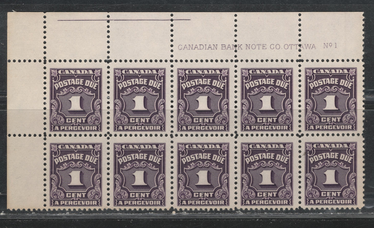 Lot 301 Canada SC#J15 1c Deep Rose Lilac Numeral, 1935-1967 Fourth Postage Due Issue, A Fine NH UL Plate 1 Block of 10