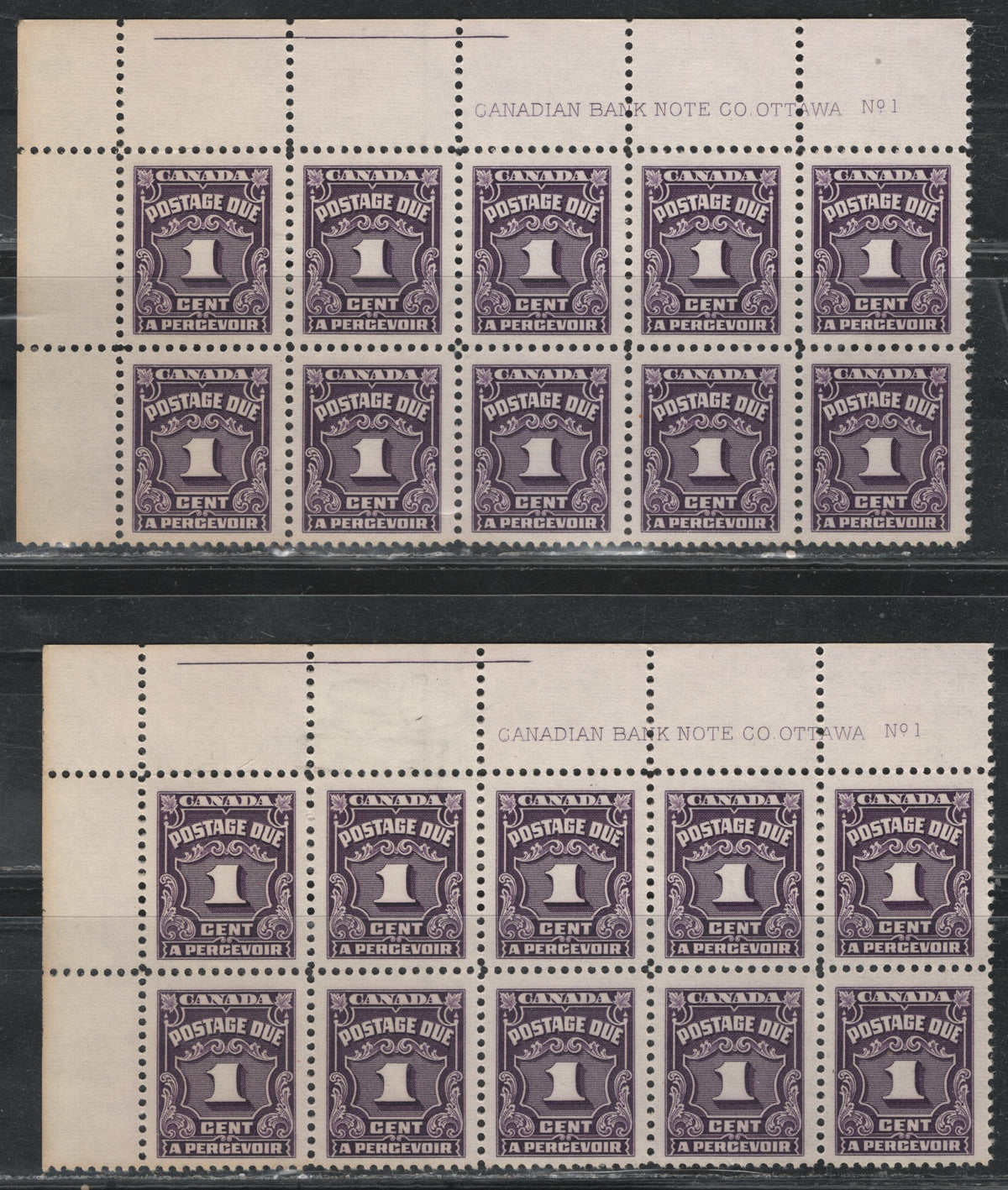 Lot 302 Canada SC#J15 1c Deep Violet Numeral, 1935-1967 Fourth Postage Due Issue, 2 VFNH UL Plate 1 Blocks Of 10