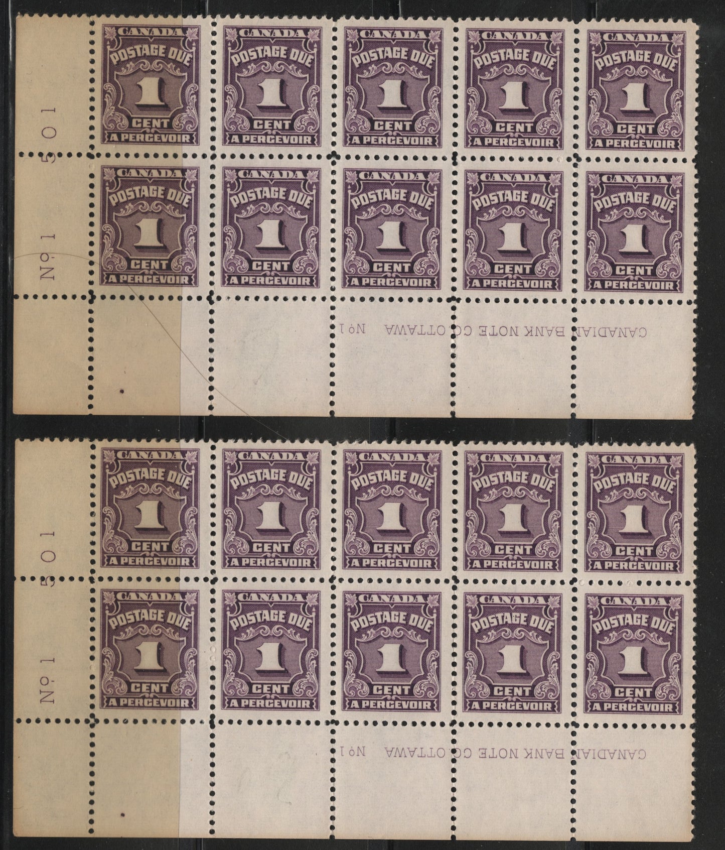 Lot 303 Canada SC#J15 1c Plum Numeral, 1935-1967 Fourth Postage Due Issue, 2 VFNH LL Plate 1 Blocks Of 10