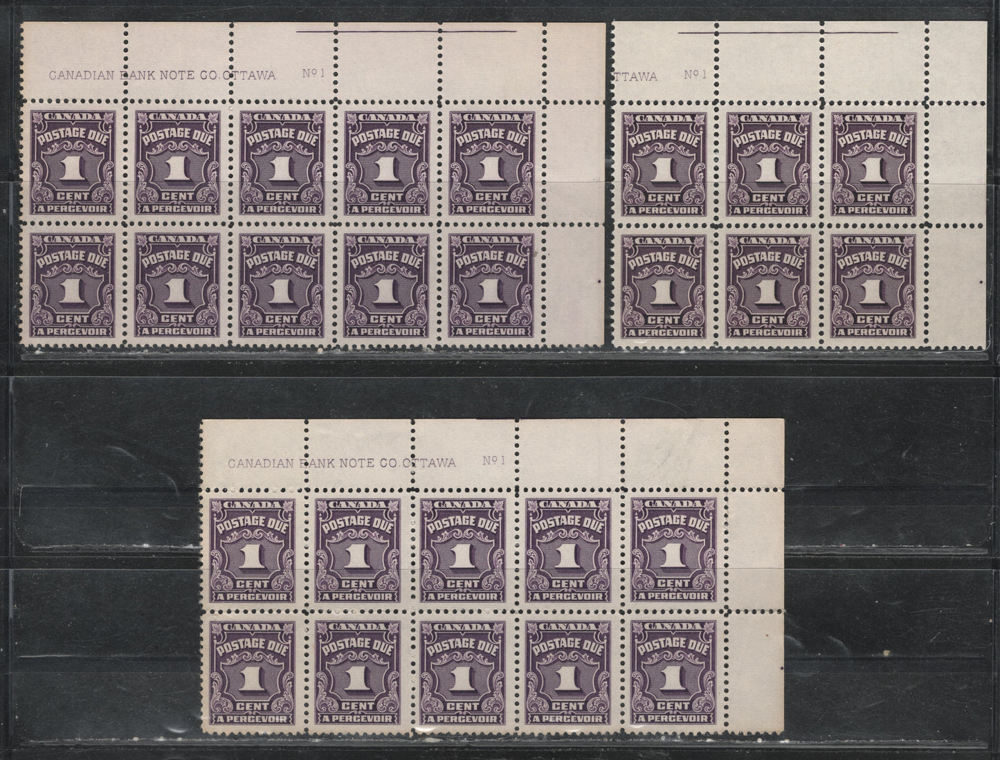 Lot 304 Canada SC#J15 1c Deep Rose Lilac, Violet & Deep Violet Numeral, 1935-1967 Fourth Postage Due Issue, 3 VFOG & VFNH UR Plate 1 Blocks Of 6 & 10