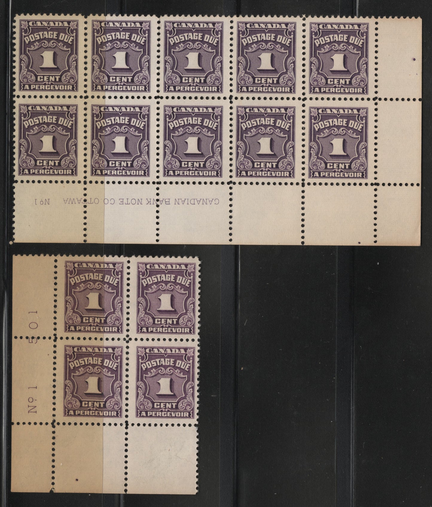 Lot 305 Canada SC#J15, J15b 1c  Deep Rose Lilac & Milky Violet Numeral, 1935-1967 Fourth Postage Due Issue, 2 Fine NH & VFNH LR Plate 1 Block Of 10 & LL Plate 1 Block Of 4