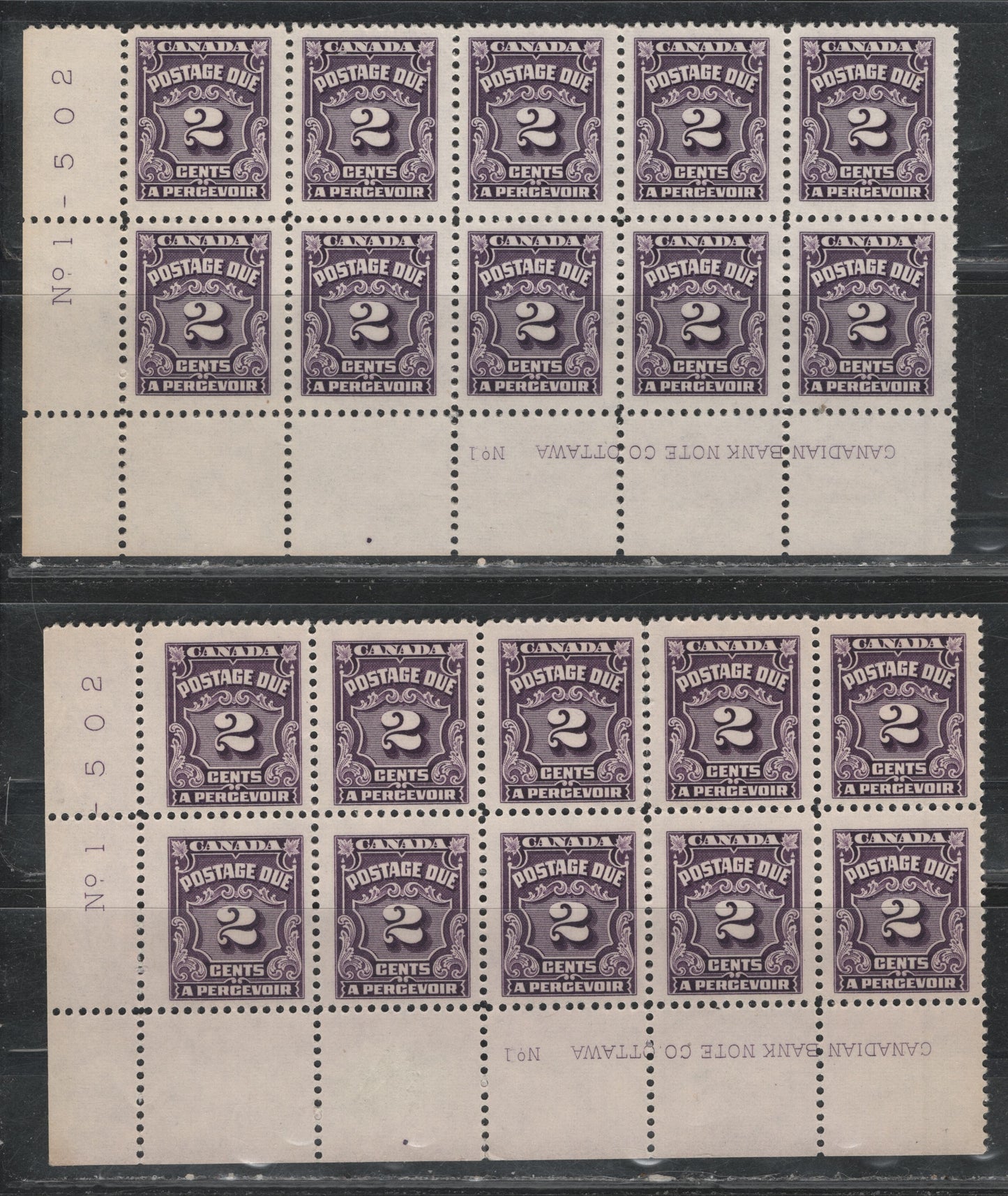 Lot 309 Canada (C) SC#J16 2c Violet & Deep Violet Numeral, 1935-1967 Fourth Postage Due Issue, 2 Fine OG & VFNH LL Plate 1 Blocks Of 10