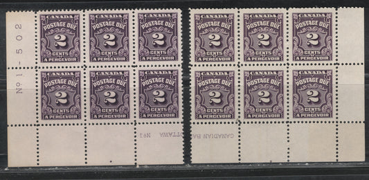 Lot 310 Canada SC#J16 2c Deep Violet & Blackish Violet Numeral, 1935-1967 Fourth Postage Due Issue, 2 VFNH LL & LR Plate 1 Blocks Of 6