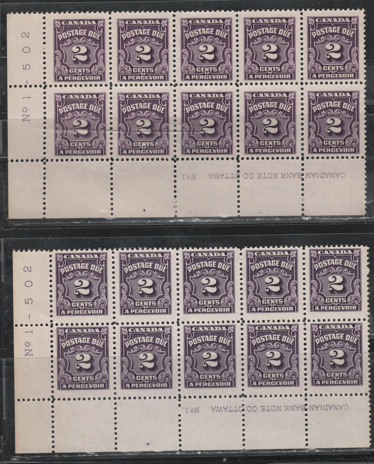 Lot 310A Canada SC#J16 2c Reddish Violet & Dark Violet Numeral, 1935-1967 Fourth Postage Due Issue, 2 Fine NH LL Plate 1 Blocks Of 10
