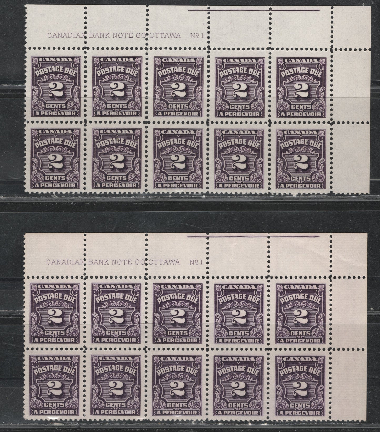 Lot 314 Canada (C) SC#J16 2c Deep Rose Lilac & Blackish Lilac Numeral, 1935-1967 Fourth Postage Due Issue, 2 VFNH UR Plate 1 Blocks Of 10