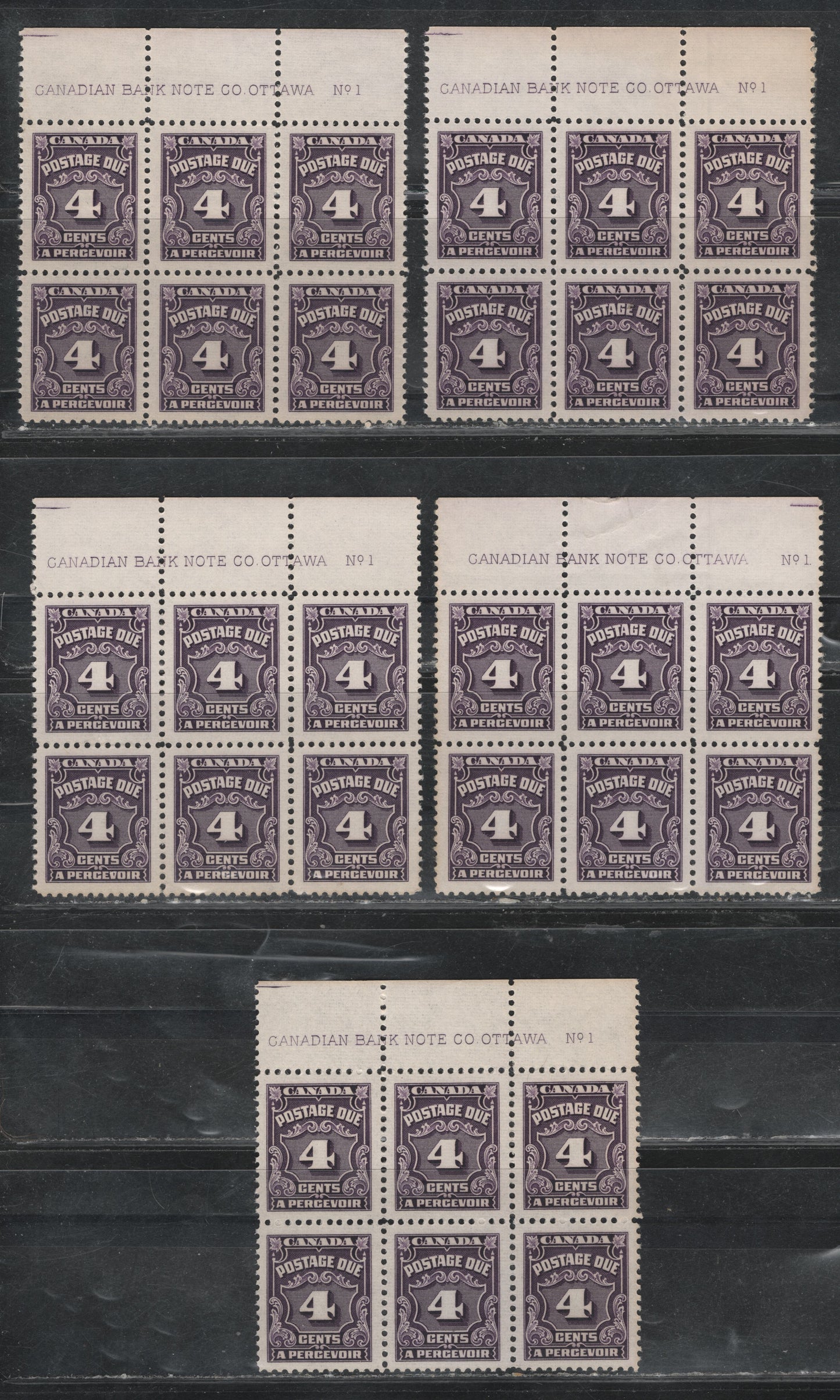 Lot 318 Canada (C) SC#J17 4c Deep Violet Numeral, 1935-1967 Fourth Postage Due Issue, 4 Fine NH & VFNH Top Centre Plate 1 Blocks Of 6