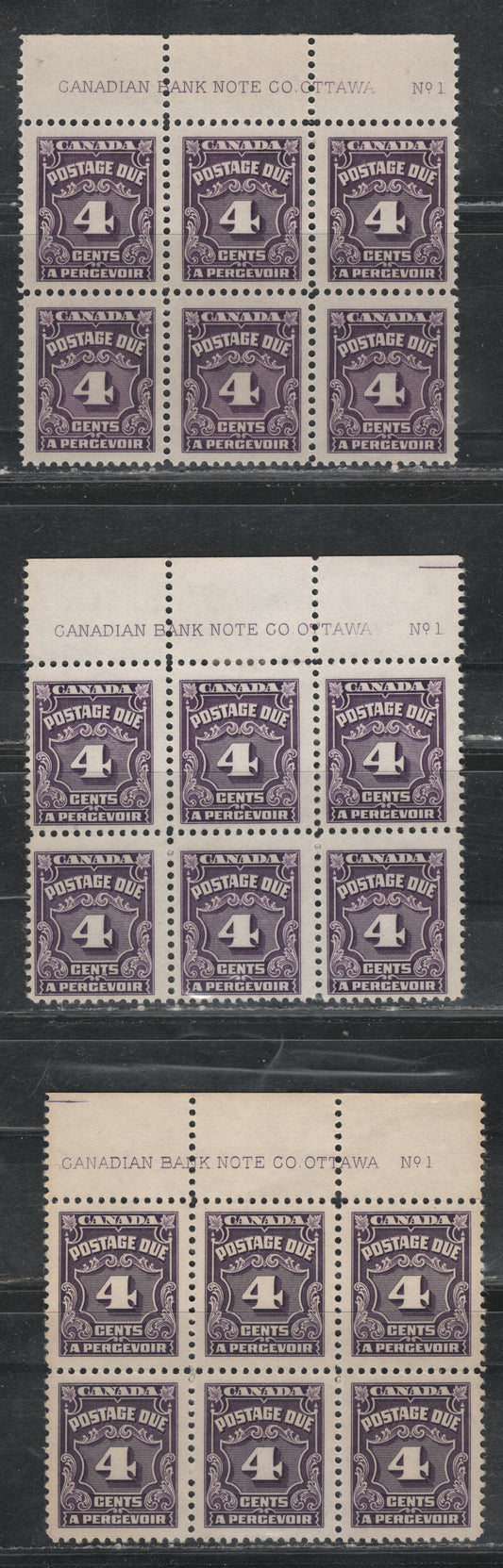 Lot 319 Canada SC#J17 4c Violet & Blackish Violet Numeral, 1935-1967 Fourth Postage Due Issue, 3 Fine OG & VFNH Top Centre Plate 1 Blocks Of 6