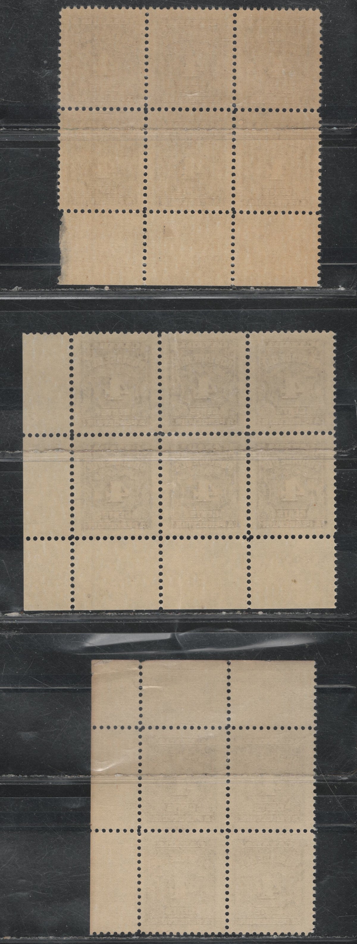 Lot 320 Canada SC#J17 4c Milky Violet, Deep Violet & Blackish Purple Numeral, 1935-1967 Fourth Postage Due Issue, 3 Fine & VFH Bottom Centre Plate 1 Block Of 6, UR Corner Block of 4 & LR Corner Block of 6