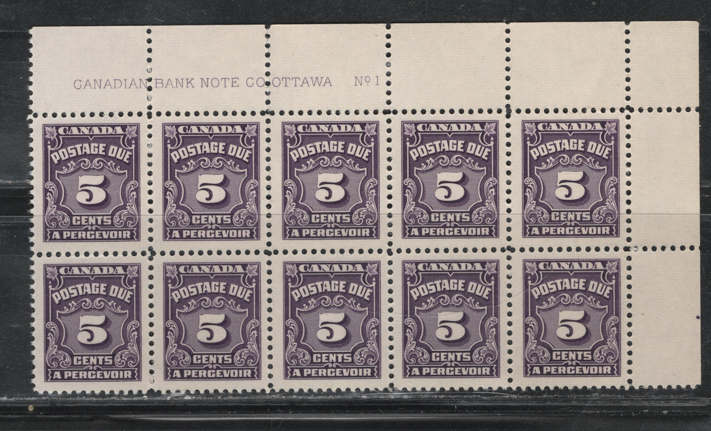 Lot 322 Canada (C) SC#J18 5c Violet Numeral, 1935-1967 Fourth Postage Due Issue, A VFNH UR Plate 1 Block Of 10