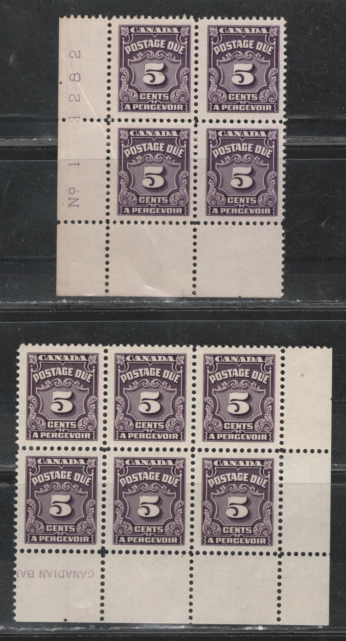 Lot 323 Canada (C) SC#J18 5c Rosy Violet & Plum Numeral, 1935-1967 Fourth Postage Due Issue, 2 VGNH & VFNH LL Plate 1 Block Of 4 & LR Corner Block of 6