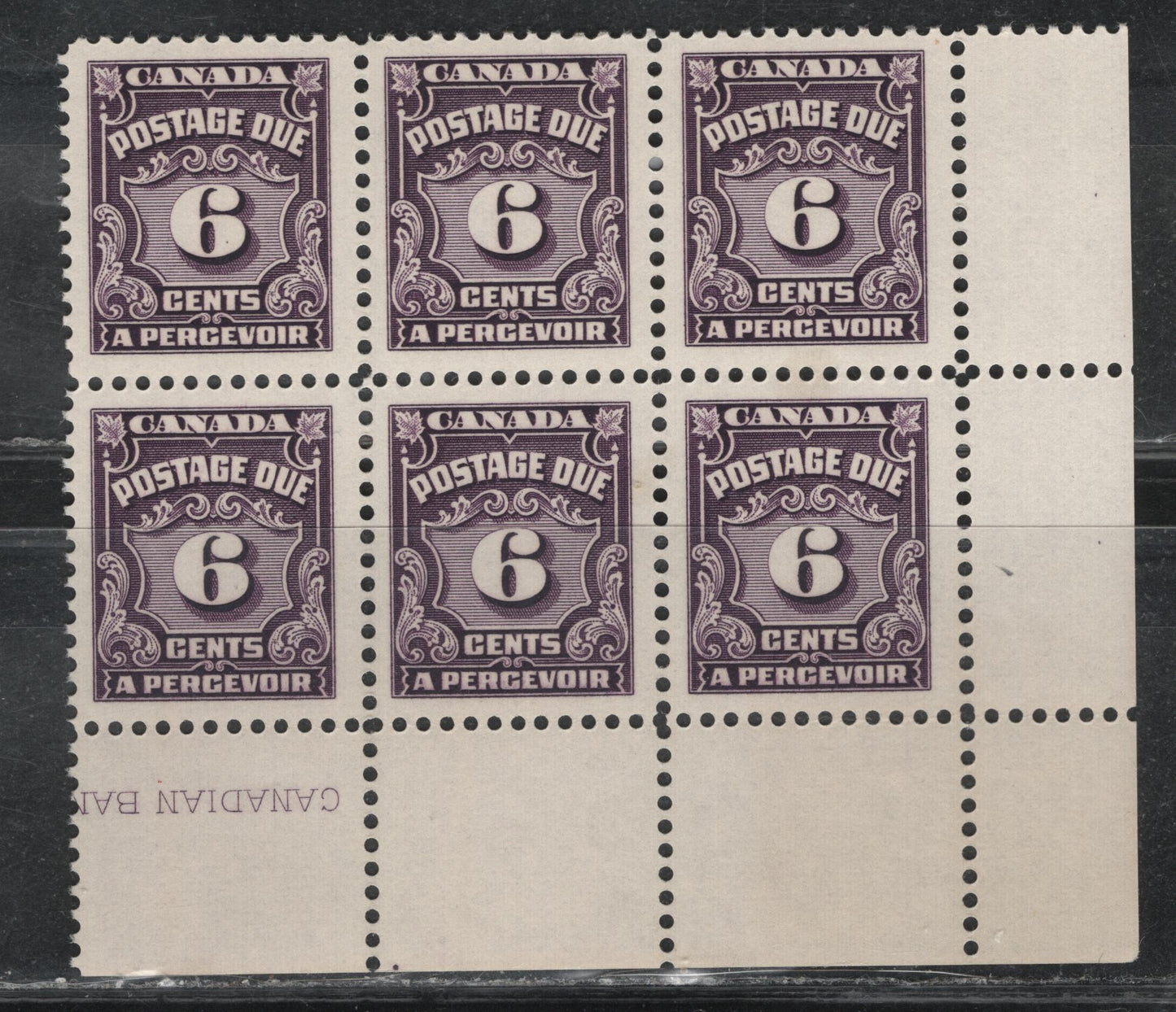 Lot 325 Canada (C) SC#J19 6c Deep Reddish Lilac Numeral, 1935-1967 Fourth Postage Due Issue, A VFNH LR Partial Corner Inscription Block Of 6