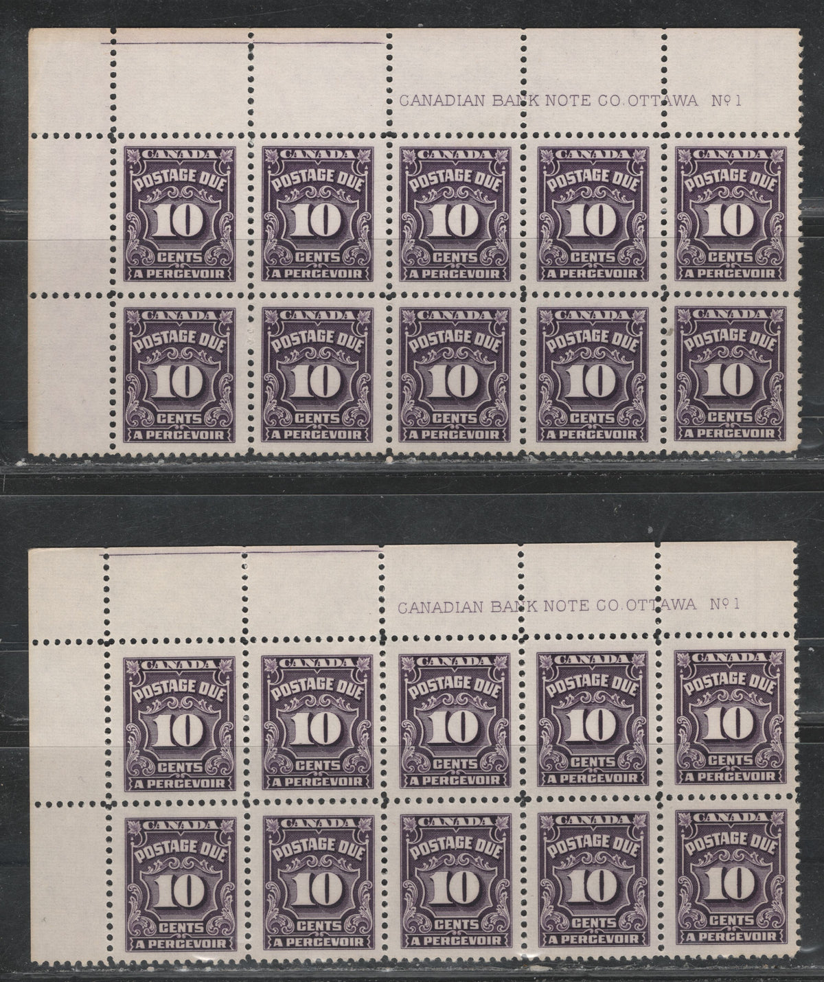 Lot 326 Canada (C) SC#J20 10c Very Deep Rose Lilac & Blackish Lilac Numeral, 1935-1967 Fourth Postage Due Issue, 2 VFNH UL Plate 1 Blocks Of 10