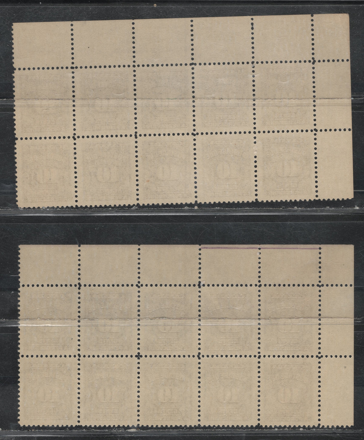 Lot 326 Canada (C) SC#J20 10c Very Deep Rose Lilac & Blackish Lilac Numeral, 1935-1967 Fourth Postage Due Issue, 2 VFNH UL Plate 1 Blocks Of 10