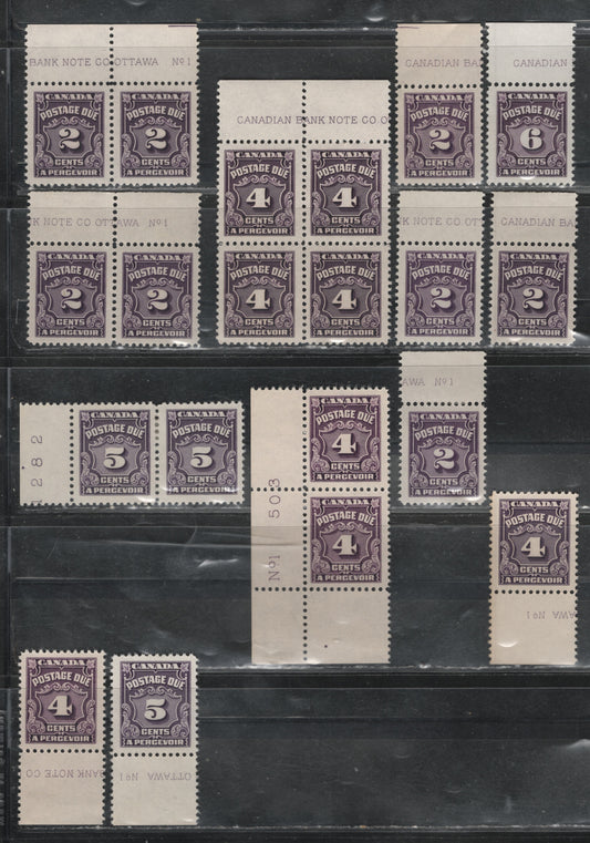 Lot 328 Canada SC#J16, J17, J17b, J18, J19 2c-6c Violet, Milky Violet, Deep Violet, Reddish Violet Numeral, 1935-1967 Fourth Postage Due Issue, A VFNH Upper Plate Block of 4, 4 Plate Pairs & 8 Plate Singles
