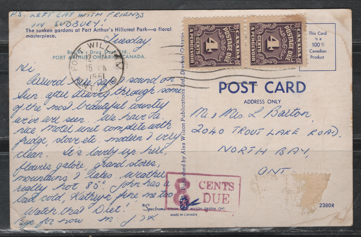 Lot 330 Canada SC#J17 4c Milky Violet Numeral, 1935-1967 Fourth Postage Due Issue, A F-VF Pair Used On 1961 Colour Postcard