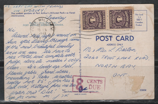 Lot 330 Canada SC#J17 4c Milky Violet Numeral, 1935-1967 Fourth Postage Due Issue, A F-VF Pair Used On 1961 Colour Postcard