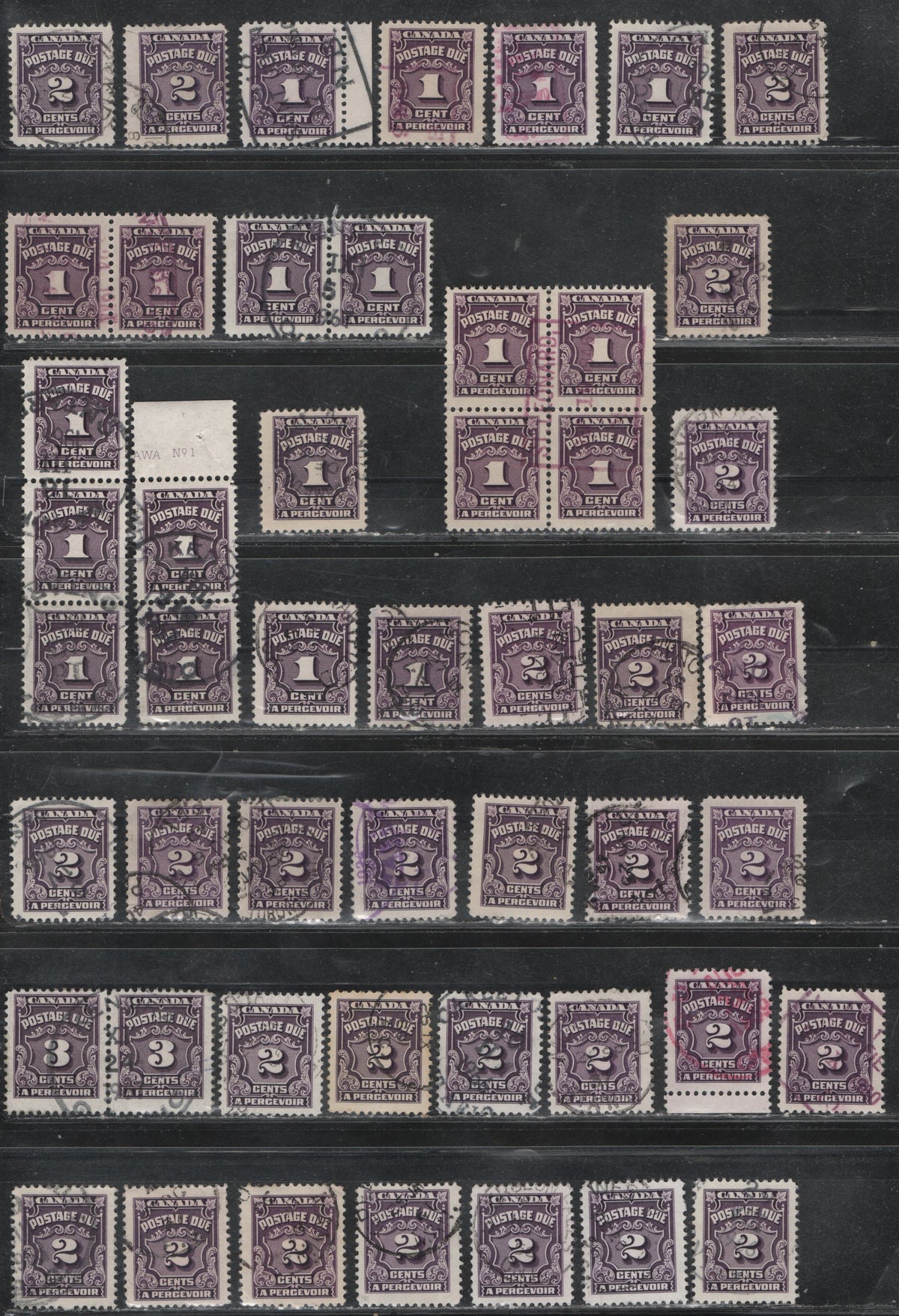 Lot 332 Canada SC#J15/J16B 1c-3c Deep Rose Lilac & Violet Shades, 1935-1967 Fourth Postage Due Issue, 40  Fine & VF Used Singles & Multiples All Dated Examples, Useful for Assigning Approximate Dates To Specific Printings